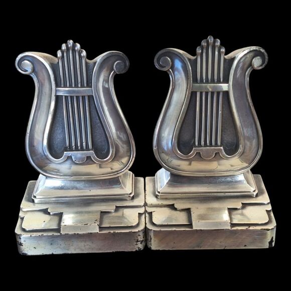 Harp Lyre Heavy Metal Art Deco Bookends Silver Toned Vintage PMC Made in USA - Picture 2 of 16